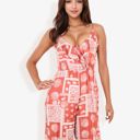 Red Large Sleeveless Printed Jumpsuit with V-Neck Ruffle Detail and Wide-Leg Pants