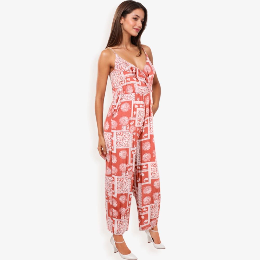 Sleeveless Printed Jumpsuit with V-Neck Ruffle Detail and Wide-Leg Pants