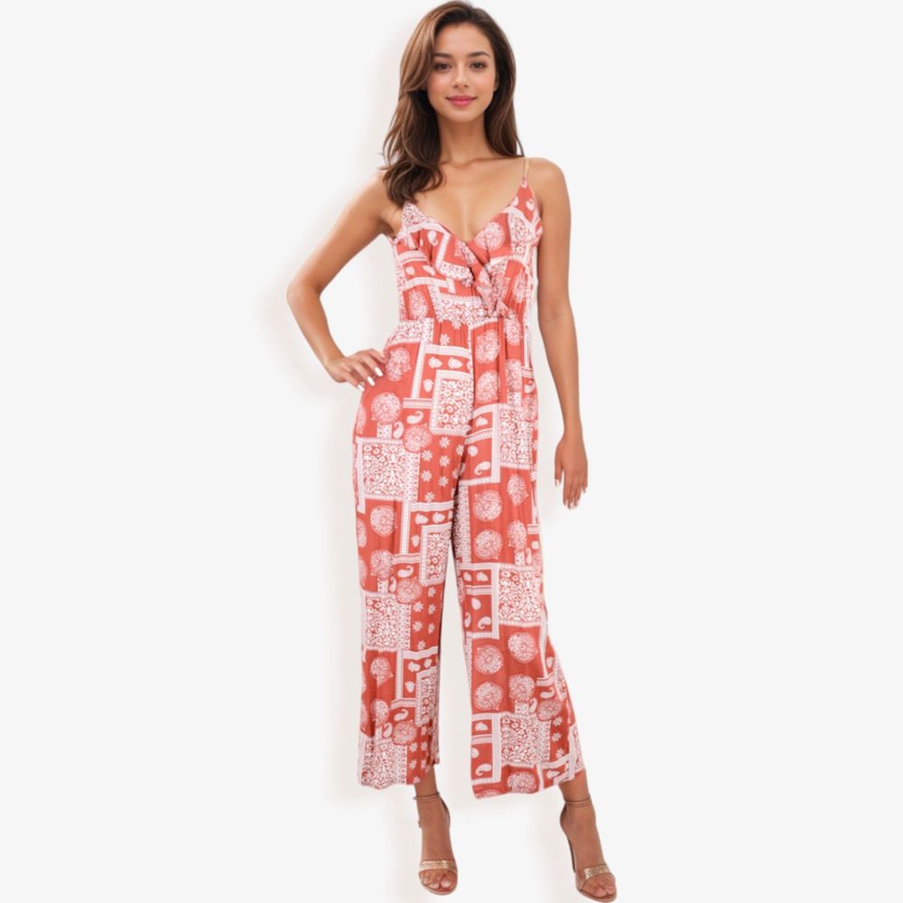 Sleeveless Printed Jumpsuit with V-Neck Ruffle Detail and Wide-Leg Pants