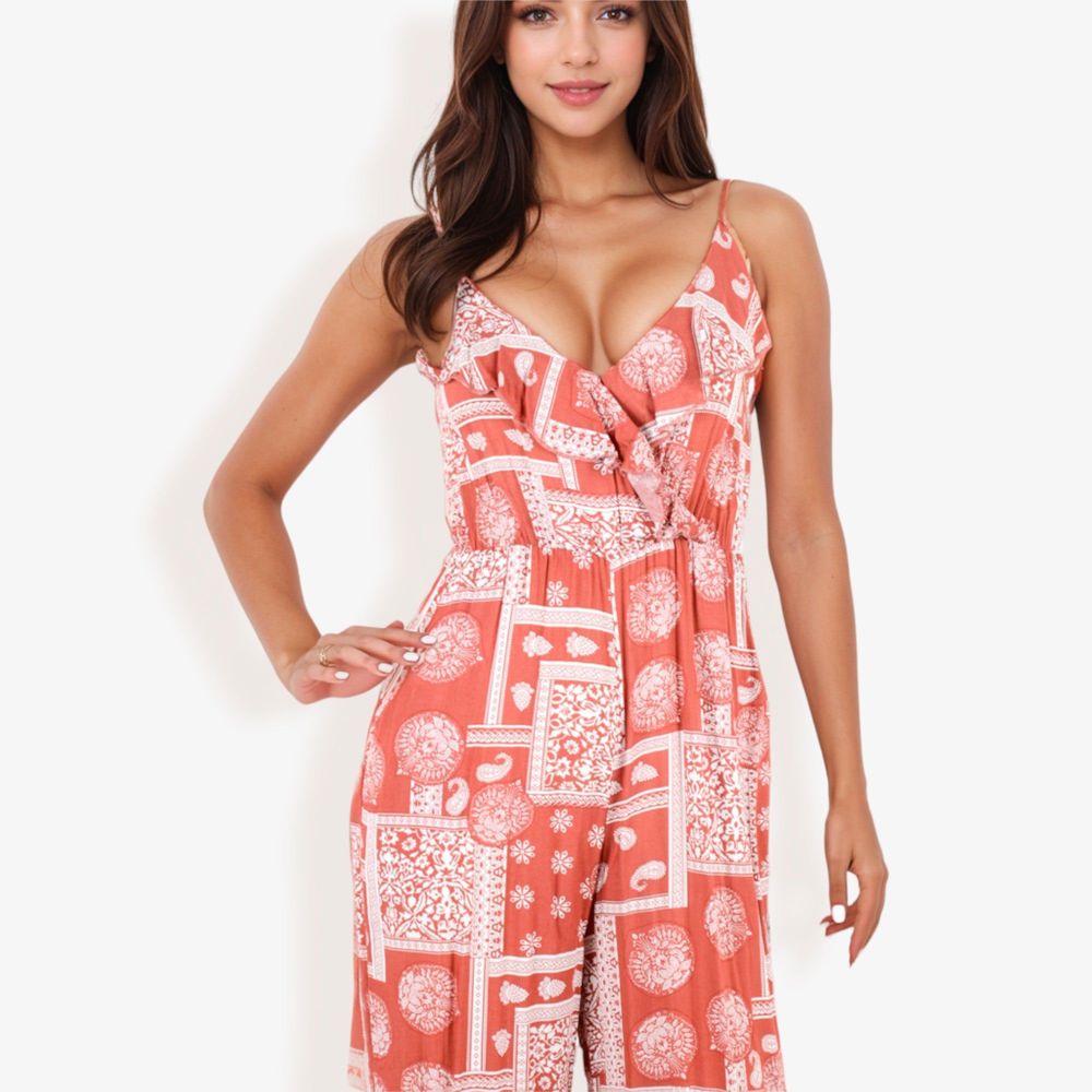 Sleeveless Printed Jumpsuit with V-Neck Ruffle Detail and Wide-Leg Pants