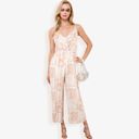 Beige Large Sleeveless Printed Jumpsuit with V-Neck Ruffle Detail and Wide-Leg Pants