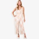 Beige Large Sleeveless Printed Jumpsuit with V-Neck Ruffle Detail and Wide-Leg Pants