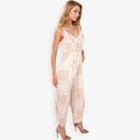 Beige Large Sleeveless Printed Jumpsuit with V-Neck Ruffle Detail and Wide-Leg Pants