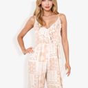 Beige Large Sleeveless Printed Jumpsuit with V-Neck Ruffle Detail and Wide-Leg Pants