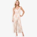 Beige Large Sleeveless Printed Jumpsuit with V-Neck Ruffle Detail and Wide-Leg Pants