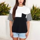  Color Block T-Shirt with Striped Sleeves and Front Pocket Detail