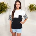  Color Block T-Shirt with Striped Sleeves and Front Pocket Detail