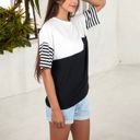  Color Block T-Shirt with Striped Sleeves and Front Pocket Detail