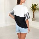  Color Block T-Shirt with Striped Sleeves and Front Pocket Detail