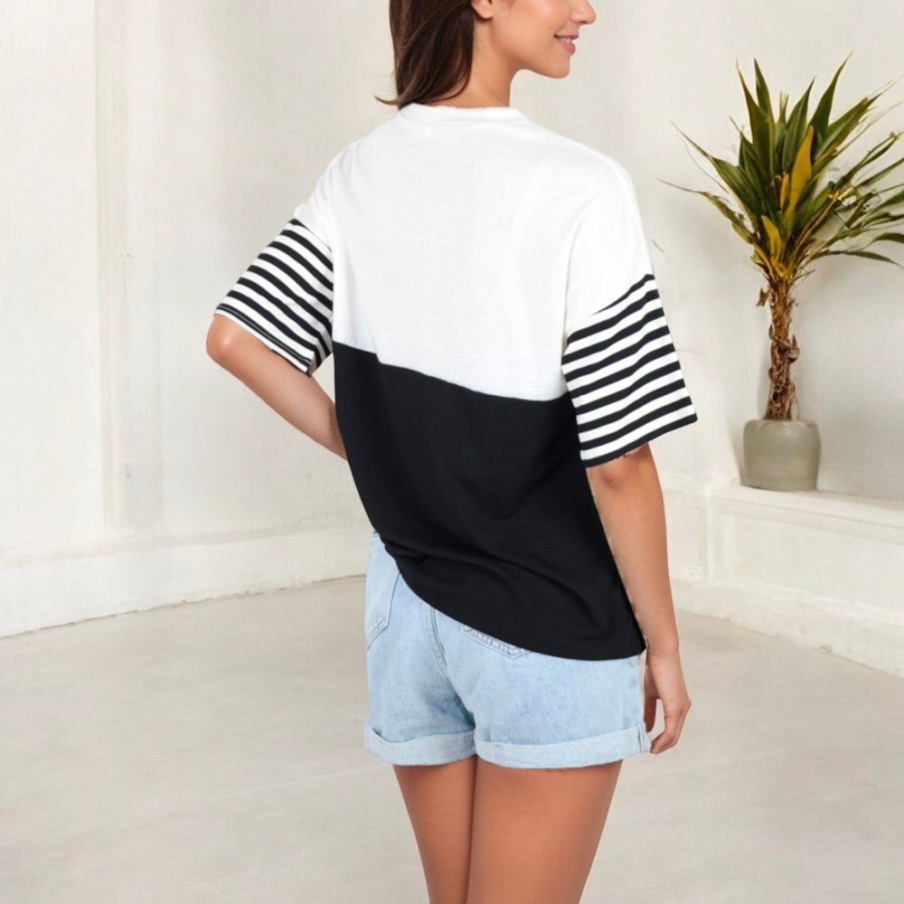 Color Block T-Shirt with Striped Sleeves and Front Pocket Detail