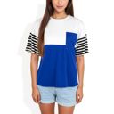 Blue Large Color Block T-Shirt with Striped Sleeves and Front Pocket Detail