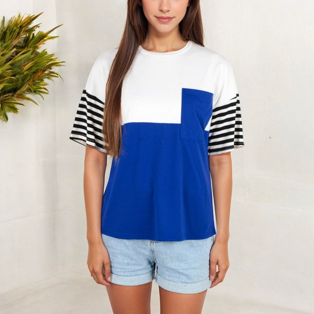 Color Block T-Shirt with Striped Sleeves and Front Pocket Detail