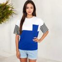 Blue Large Color Block T-Shirt with Striped Sleeves and Front Pocket Detail