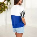 Blue Large Color Block T-Shirt with Striped Sleeves and Front Pocket Detail