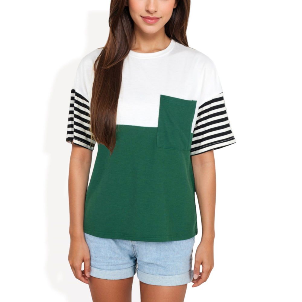 Color Block T-Shirt with Striped Sleeves and Front Pocket Detail