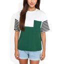 Green Large Color Block T-Shirt with Striped Sleeves and Front Pocket Detail