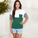 Green Large Color Block T-Shirt with Striped Sleeves and Front Pocket Detail