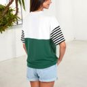 Green Large Color Block T-Shirt with Striped Sleeves and Front Pocket Detail