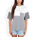 Gray Large Color Block T-Shirt with Striped Sleeves and Front Pocket Detail