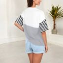 Gray Large Color Block T-Shirt with Striped Sleeves and Front Pocket Detail