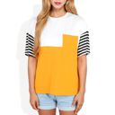 Yellow Large Color Block T-Shirt with Striped Sleeves and Front Pocket Detail