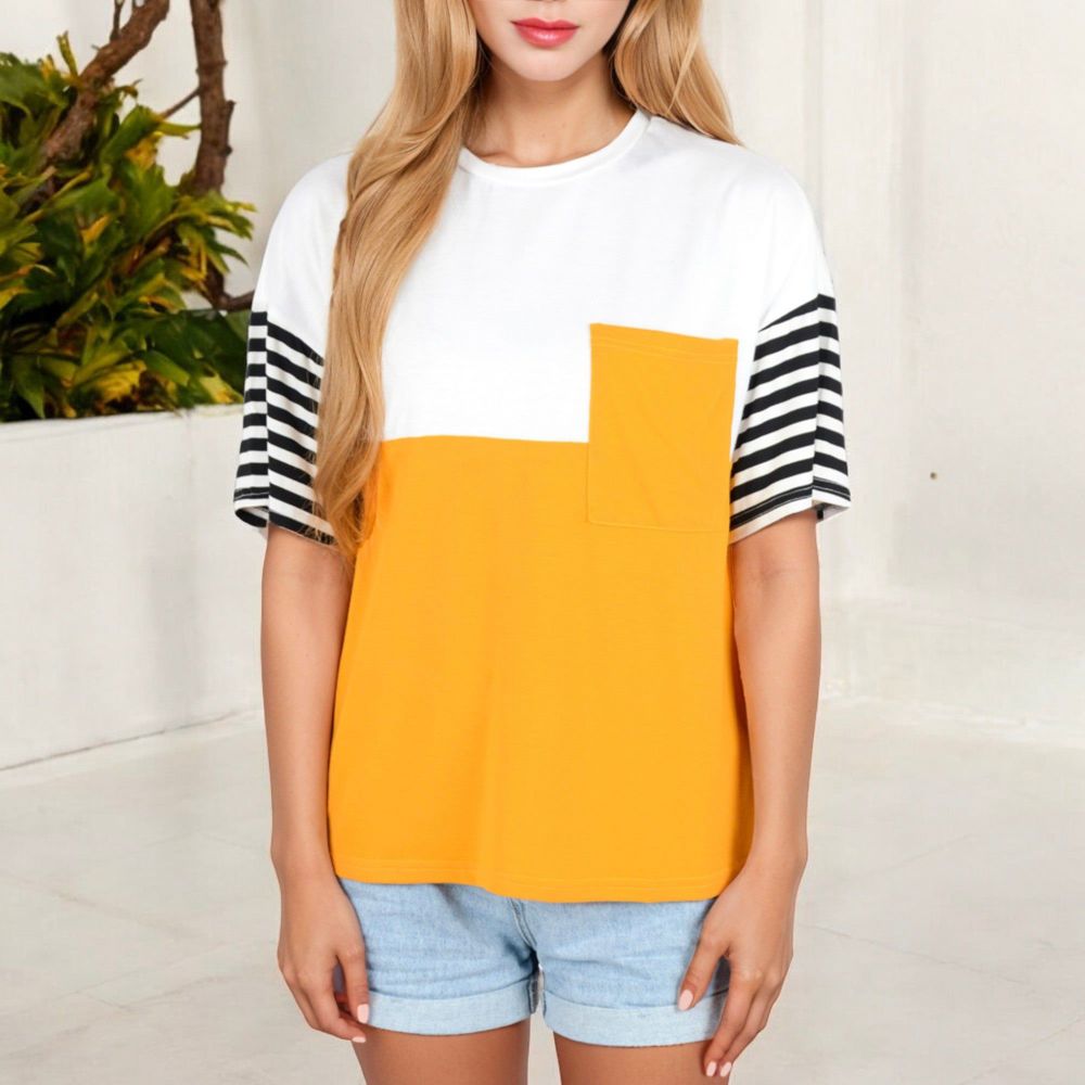 Color Block T-Shirt with Striped Sleeves and Front Pocket Detail