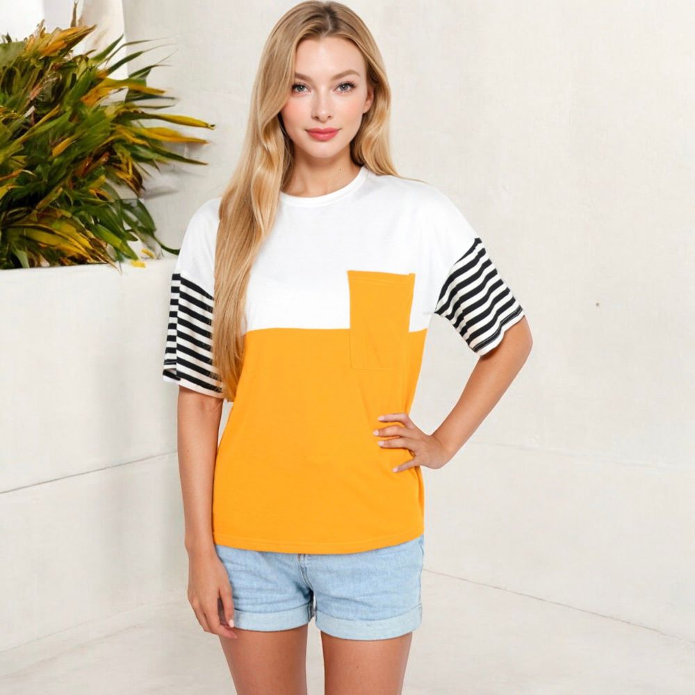 Color Block T-Shirt with Striped Sleeves and Front Pocket Detail