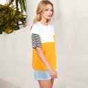 Yellow Large Color Block T-Shirt with Striped Sleeves and Front Pocket Detail