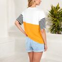 Yellow Large Color Block T-Shirt with Striped Sleeves and Front Pocket Detail