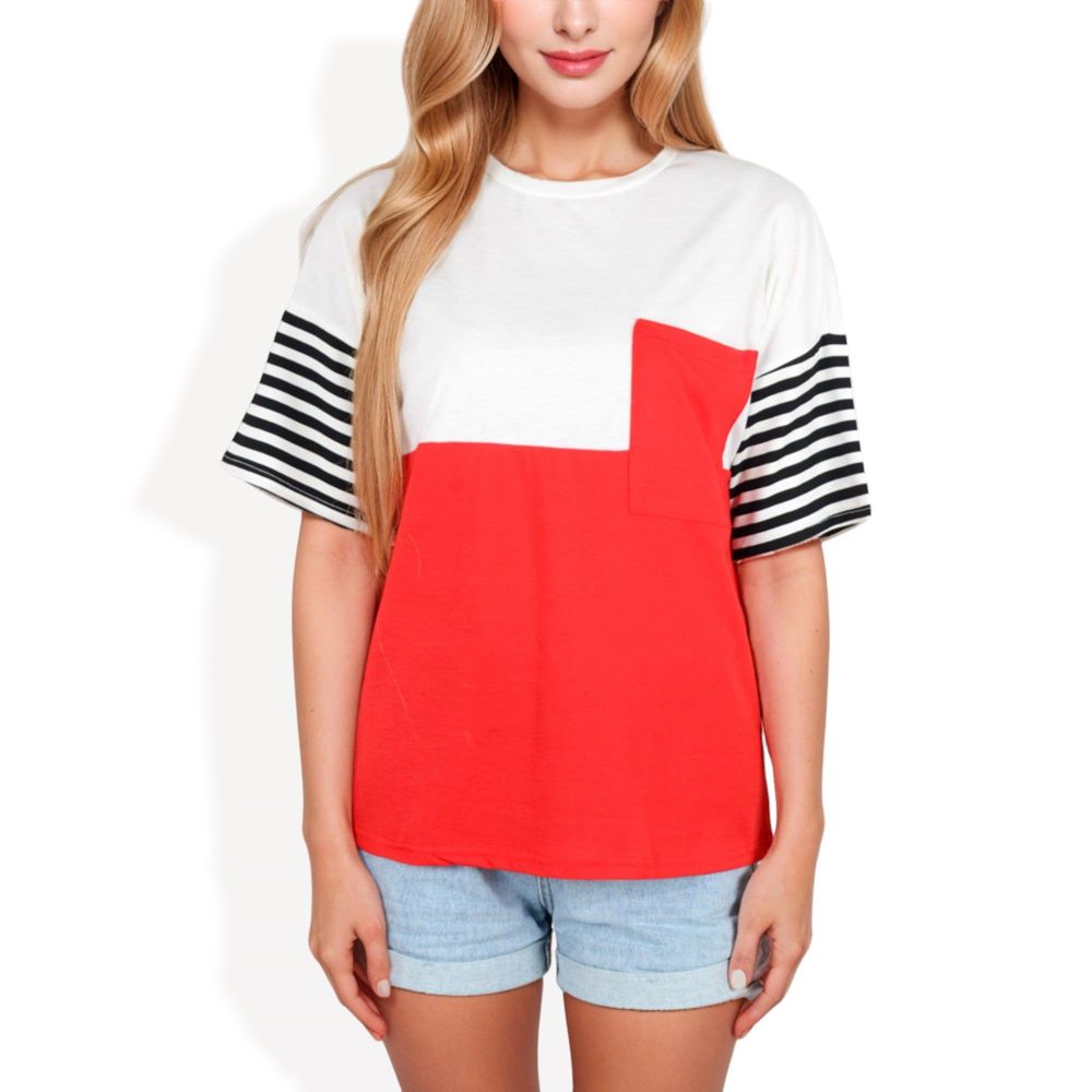 Color Block T-Shirt with Striped Sleeves and Front Pocket Detail