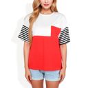 Red Large Color Block T-Shirt with Striped Sleeves and Front Pocket Detail