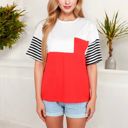 Red Large Color Block T-Shirt with Striped Sleeves and Front Pocket Detail