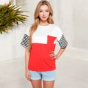 Red Large Color Block T-Shirt with Striped Sleeves and Front Pocket Detail