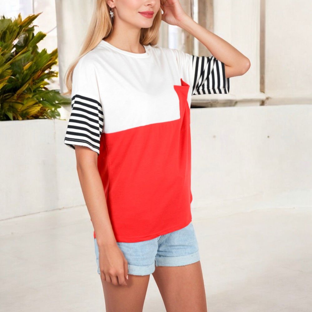 Color Block T-Shirt with Striped Sleeves and Front Pocket Detail