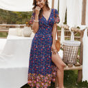 Blue Large Short Sleeve Floral Wrap Dress with Mixed Print and Tie Waist