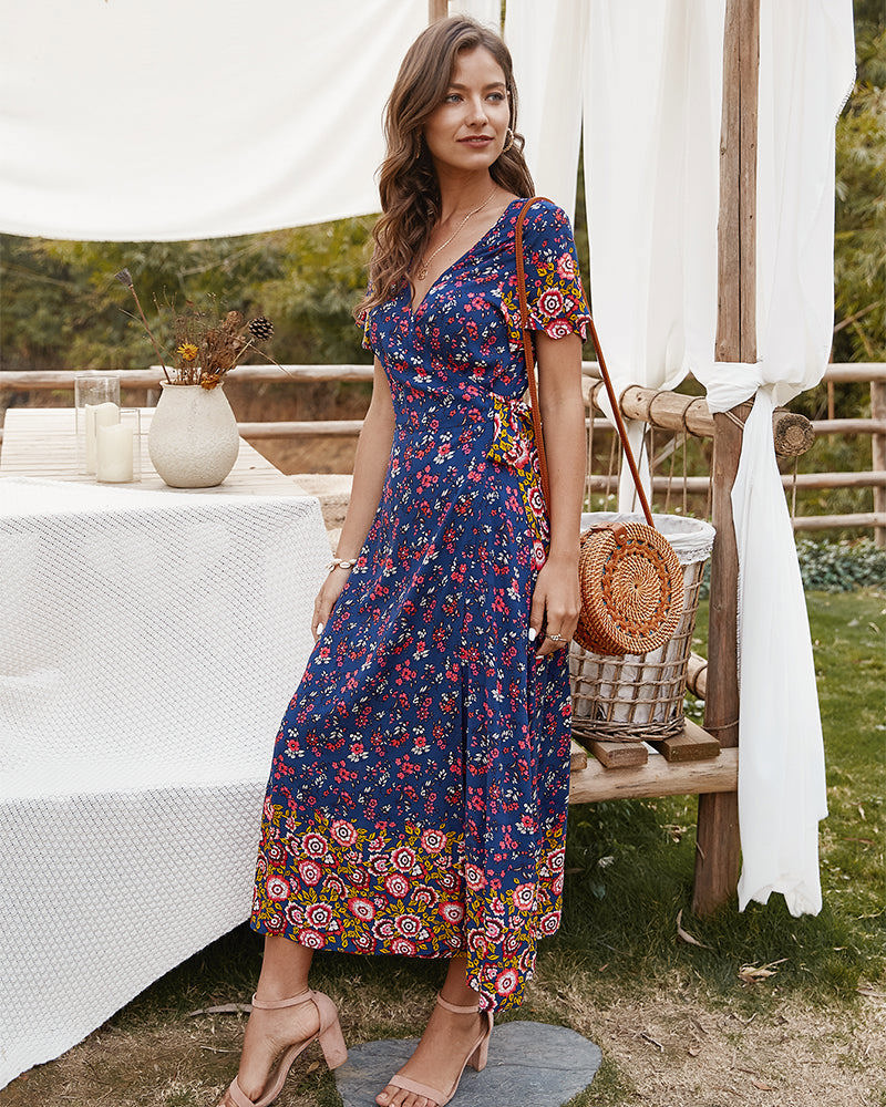 Short Sleeve Floral Wrap Dress with Mixed Print and Tie Waist