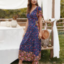 Blue Large Short Sleeve Floral Wrap Dress with Mixed Print and Tie Waist