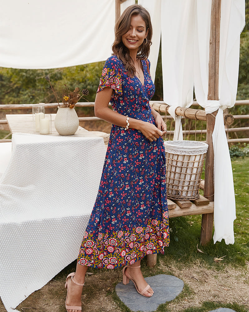 Short Sleeve Floral Wrap Dress with Mixed Print and Tie Waist