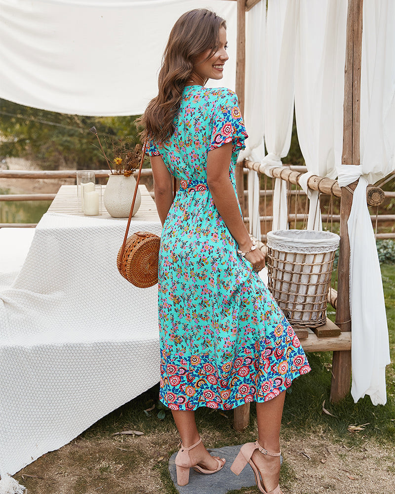 Short Sleeve Floral Wrap Dress with Mixed Print and Tie Waist