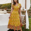 Yellow Large Short Sleeve Floral Wrap Dress with Mixed Print and Tie Waist