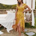 Yellow Large Short Sleeve Floral Wrap Dress with Mixed Print and Tie Waist