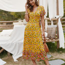 Yellow Large Short Sleeve Floral Wrap Dress with Mixed Print and Tie Waist