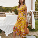 Yellow Large Short Sleeve Floral Wrap Dress with Mixed Print and Tie Waist