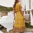 Yellow Large Short Sleeve Floral Wrap Dress with Mixed Print and Tie Waist