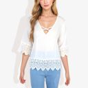  Strap V-Neck Detail Crochet Lace Trim Midi Sleeve Blouse