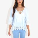 Blue Large Strap V-Neck Detail Crochet Lace Trim Midi Sleeve Blouse