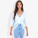 Blue Large Strap V-Neck Detail Crochet Lace Trim Midi Sleeve Blouse