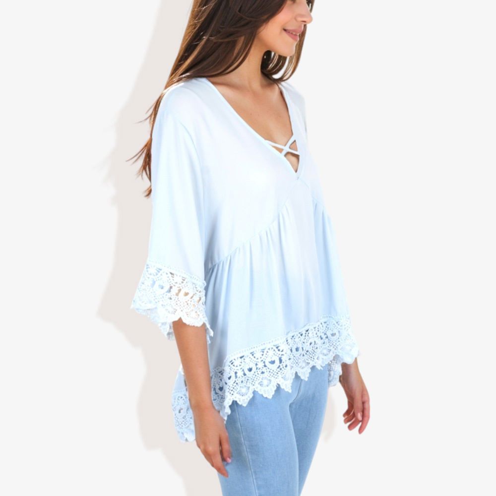 Strap V-Neck Detail Crochet Lace Trim Midi Sleeve Blouse