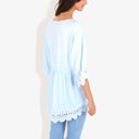 Blue Large Strap V-Neck Detail Crochet Lace Trim Midi Sleeve Blouse