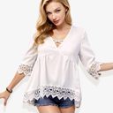 White Large Strap V-Neck Detail Crochet Lace Trim Midi Sleeve Blouse